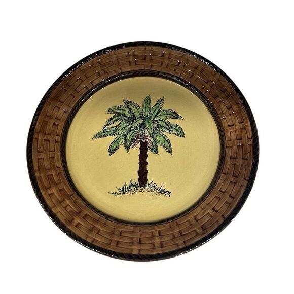Pacific Rim Decorative Plate Round 10 3/4" Hand Painted Palm Tree Basket Weave - Picture 5 of 9
